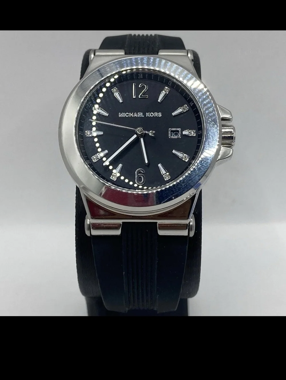 Michael Kors Women's Silver Case Black Dial Watch with Black Strap - Picture 2 of 5